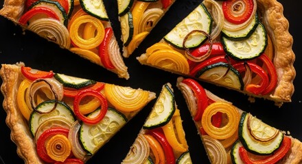 Delicious vegetable tart with zucchini, onion, pepper, and tomato, a colorful and healthy dish, perfect for a summer meal