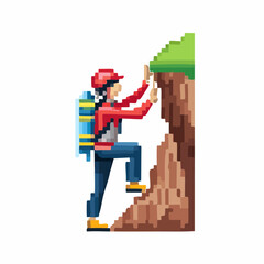 Naklejka premium A pixel art illustration of a person climbing a steep brown rock face with a green top, wearing a red hat, red jacket, blue pants, and a blue backpack.