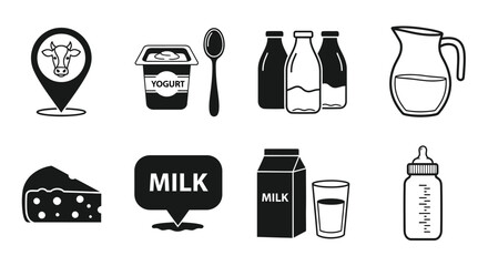 Dairy products vector icons set milk cheese yogurt and other products