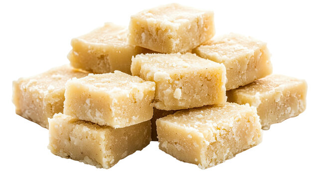 Traditional milk powder barfi cut into smooth square pieces showcasing rich sweet texture and creamy dessert details isolated on white background