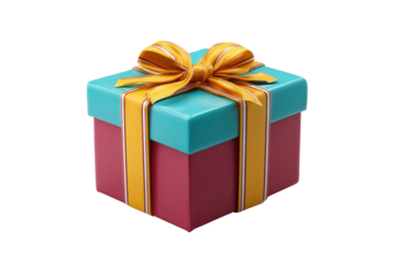 Red gift box with teal lid and yellow ribbon bow on black background present, Isolated On White Background, Png Transparent