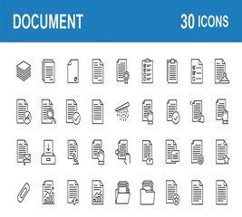 Illustration of thirty document icons, representing file types, management, search, download, and upload, in a clean line art style, isolated on white background