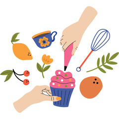 Two Hands Decorating a Pink Cupcake with Icing and Sprinkles Surrounded by Baking Utensils and Fruits Against a Transparent Background