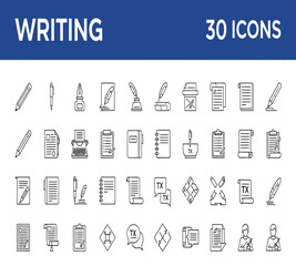 Illustration of set of 30 handdrawn writing icons, featuring pens, pencils, quills, inkwells, documents, and paper symbols, perfect for creative and professional design projects