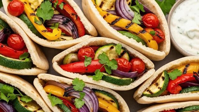 Grilled vegetable pita pockets with dipping sauce overhead view
