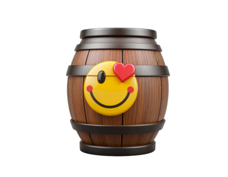 Wooden Barrel with Heart-Eyed Smiley Emoji