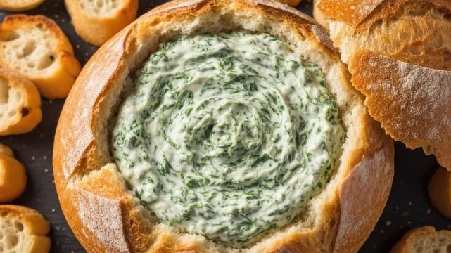 Spinach dip served in bread bowl with crostini display overhead view