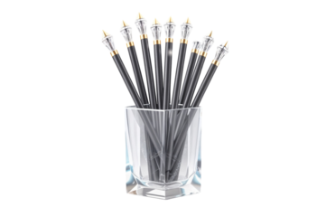 Collection of Black Ballpoint Pens in a Clear Glass Holder