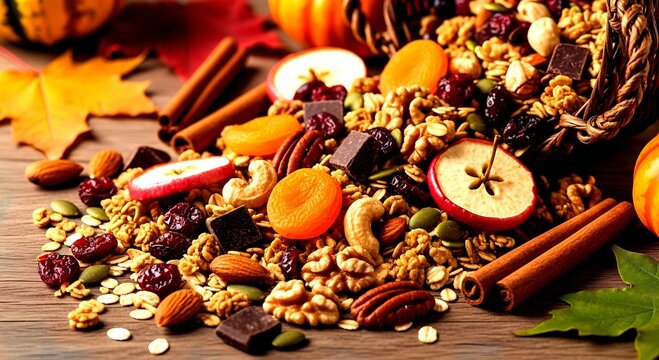 Autumn Harvest Trail Mix with Cinnamon Sticks and Apple Slices o