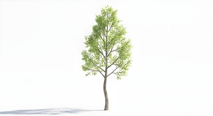Obraz premium Tall slender fresh green leafy tree isolated with shadow on white background.