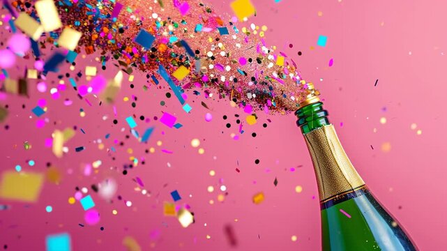 Festive champagne bottle explosion with colorful confetti and glitter on a vibrant pink background 4k video