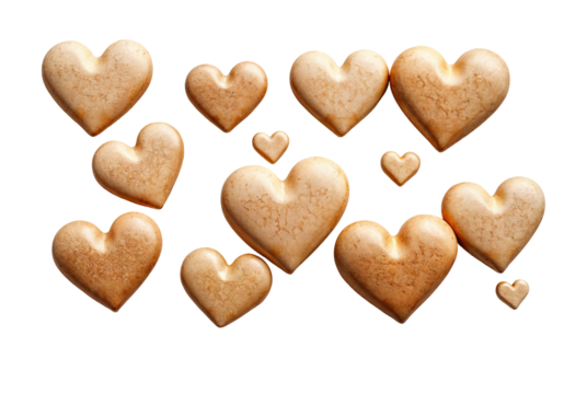 Realistic Heart-Shaped Cookies Floating on Transparent Background