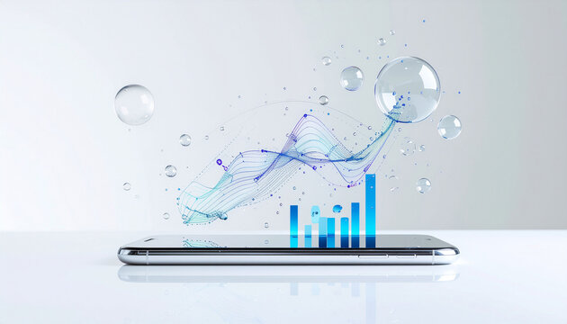 Smartphone displaying financial growth chart with bubbles symbolizing market success.