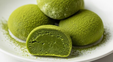 Matcha mochi isolated on, a traditional japanese rice cake with green tea powder, sweet and chewy dessert