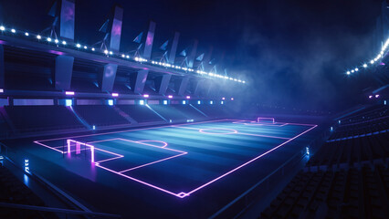 Futuristic sports stadium at night with glowing neon blue and purple lights on the field.