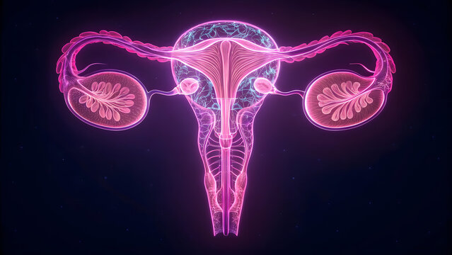 Female reproductive system wireframe glowing pink color