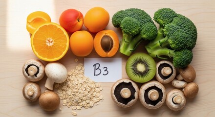 B3 Niacin power Fresh fruit with veggies, and oat flakes on wooden background.