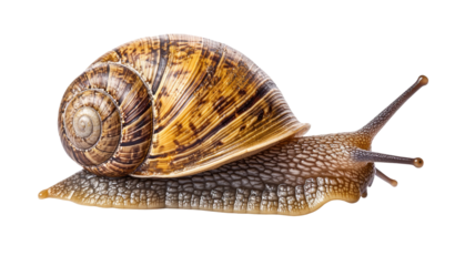 Detailed land snail with spiral shell showing natural texture and slow-moving features in close-up view isolated on white background