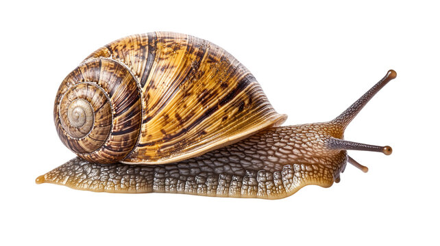 Detailed land snail with spiral shell showing natural texture and slow-moving features in close-up view isolated on white background