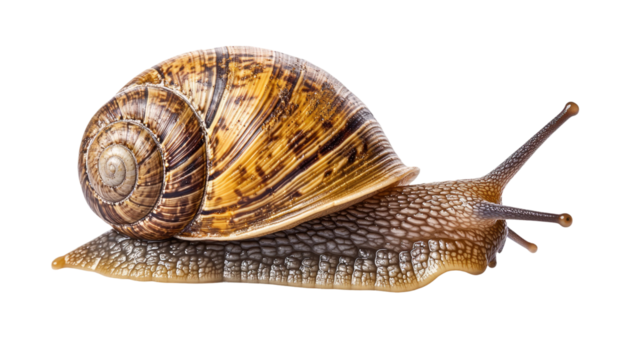 Detailed land snail with spiral shell showing natural texture and slow-moving features in close-up view isolated on white background