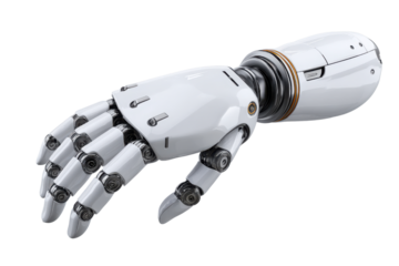 White robotic hand with metallic joints and gold accents against black artificial intelligence, Isolated On White Background, Png Transparent