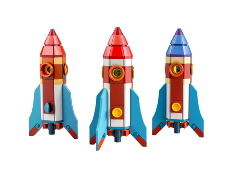 Three Colorful Toy Rockets Built from Blocks
