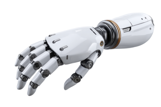 White robotic hand with metallic joints and gold accents against black artificial intelligence, Isolated On White Background, Png Transparent