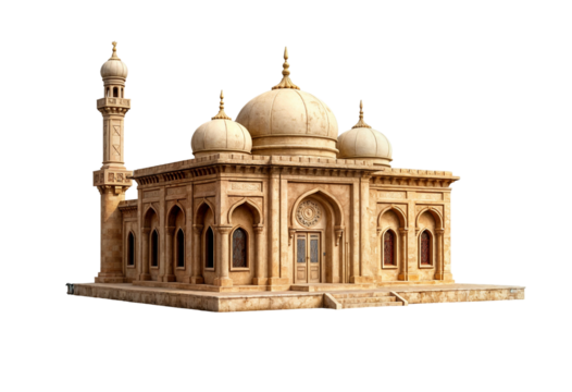 Grand Mosque Building with Domes and Minaret on Transparent Background - Powered by Adobe