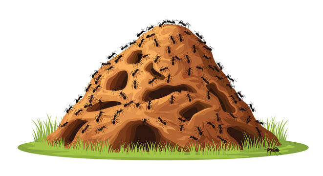A bustling ant colony with numerous black ants actively crawling over and entering a brown anthill structure, surrounded by green grass.