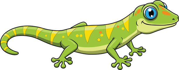Green gecko cartoon character, yellow striped tail, blue eyes, vector illustration for children, reptile animal design, nursery wall art
