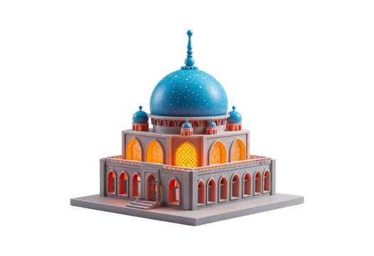 3D Cartoon Mosque with Blue Dome and Glowing Windows