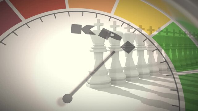 KPI measuring device with arrow and scale. Acronym KPI - key performance indicator. King of chess, standing out from the crowd.