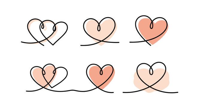 A collection of six minimalist continuous line heart designs with soft pink watercolor accents, symbolizing love, romance, and unity.
