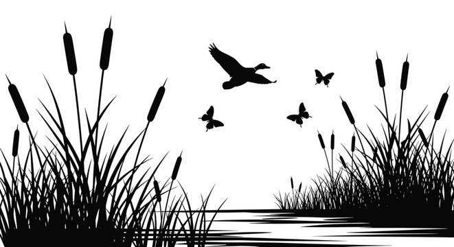 A serene wetland scene with a silhouette of a flying duck and butterflies above lush cattails and grass bordering calm water.