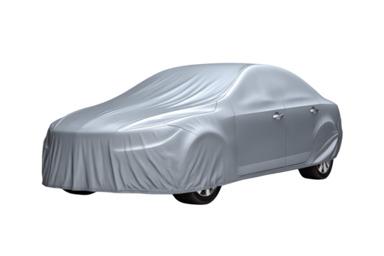 Silver sedan car covered with a light gray fabric cloth on black background automobile vehicle, Isolated On White Background, Png Transparent - Powered by Adobe