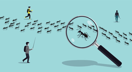 People observing ants moving in lines, with a magnifying glass focusing on one ant, representing attention to detail and individual study.
