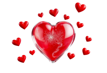 Glossy Red Hearts Floating on Transparent Background