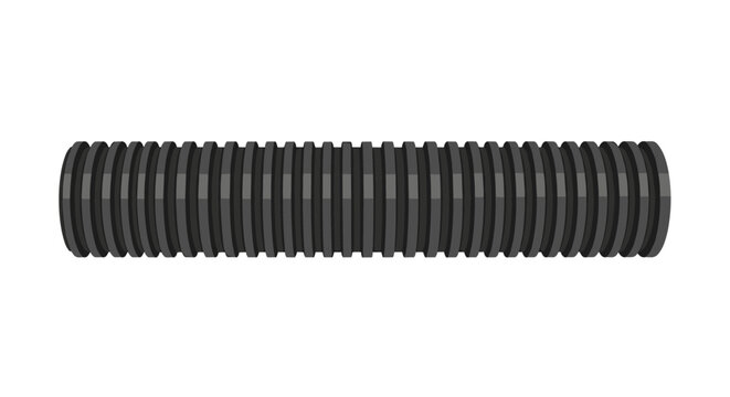 Close-up of a dark grey corrugated plastic conduit, a flexible electrical pipe for cable protection, isolated on a clean white background.