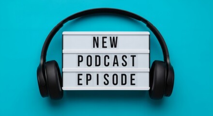 Podcast Launch Headphones frame light box announcing new episode on blue.