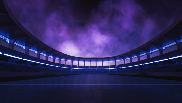 Futuristic empty stadium with dramatic purple and blue lighting and smoky atmosphere.