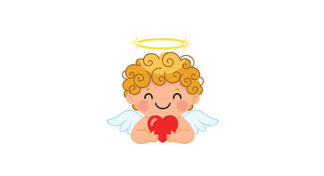A cheerful and adorable baby angel with golden curly hair, light blue wings, and a halo, happily holding a vibrant red heart.