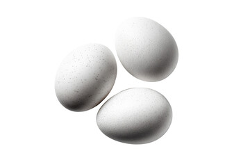 Three speckled white eggs arranged in a triangular formation on a black background oval, Isolated On White Background, Png Transparent