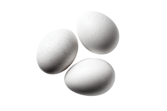 Three speckled white eggs arranged in a triangular formation on a black background oval, Isolated On White Background, Png Transparent