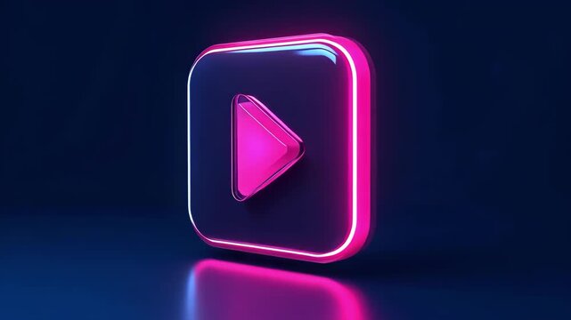 Neon play button icon with pink and blue glowing lights on a dark background.