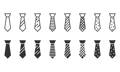 Vector icons of neckties with various patterns in outline and filled styles perfect for fashion clothing and accessory designs