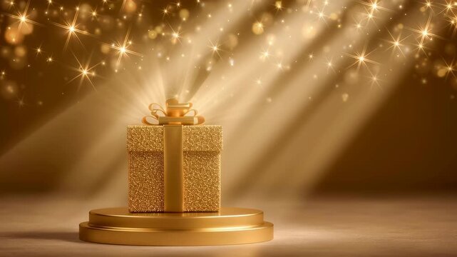 Gold gift box present in luxury in shiny spotlight.Celebration and giving festival event concepts