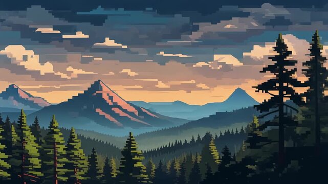 Pixel-art scenic mountains with forest foreground and bright sky.