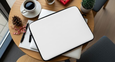 Top-down view of a white laptop sleeve mockup on a wooden cafe table with coffee and a notebook. cozy Christmas Background