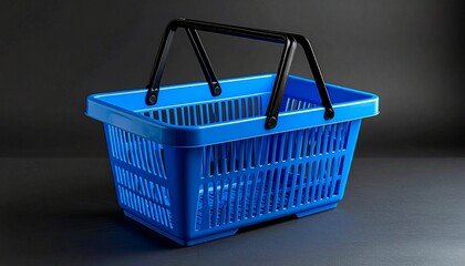 Fototapeta premium “A blue plastic shopping basket with black handles on a dark gray gradient background.”