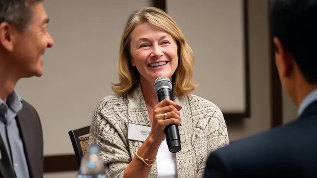 Smiling woman speaking into a microphone at a conference panel discussion. - Powered by Adobe